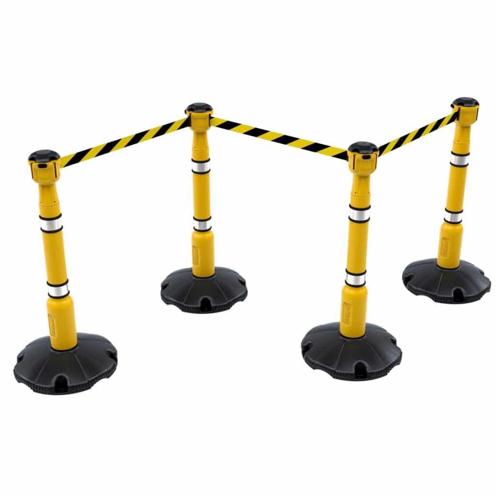 yellow stanchion with retractable safety barrier