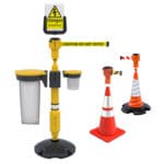 yellow safety station with cone toppers and caution tape