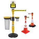 yellow safety station with two orange cone toppers