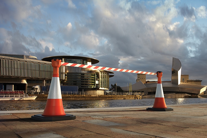 retractable safety barrier system cones with skipper units